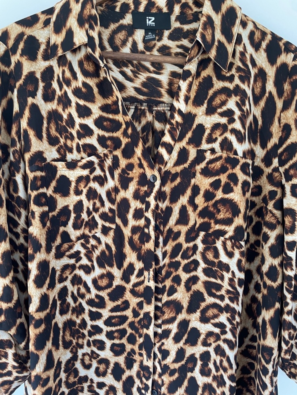 iZ Byer Sheer Leopard Print Button-Front Women's Blouse - Brown XL - Picture 3 of 5